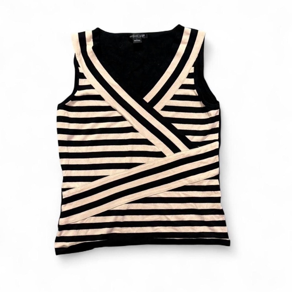 august silk Black and Cream Striped V-Neck Sleeveless Top